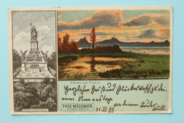 Ansichtskarte Litho AK Rhein 1899 Niederwalddenkmal Reklame Messmer Tee Architektur Ortsansicht Hessen